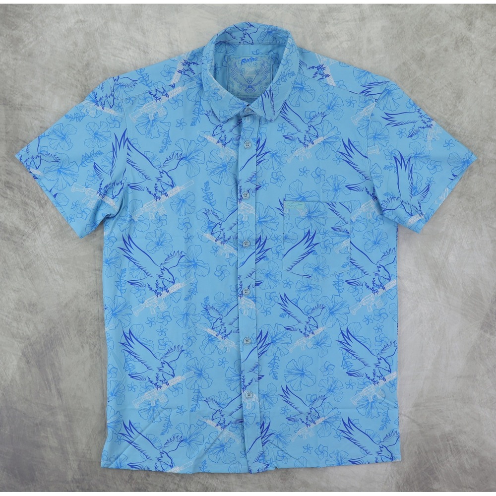 Retro Rifle Button Down Shirt Mens Medium Blue Eagle Rifle Hibiscus Prey V2